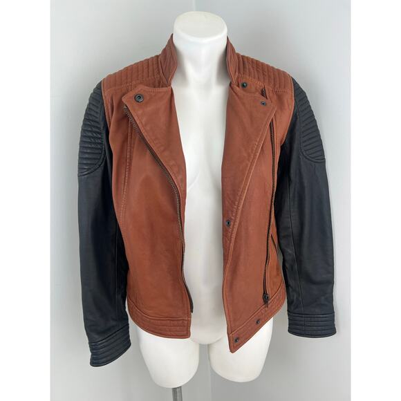 Madewell Colorblock Quilted Backroad Moto Leather Jacket Black Burnt Orange XS - Picture 2 of 9